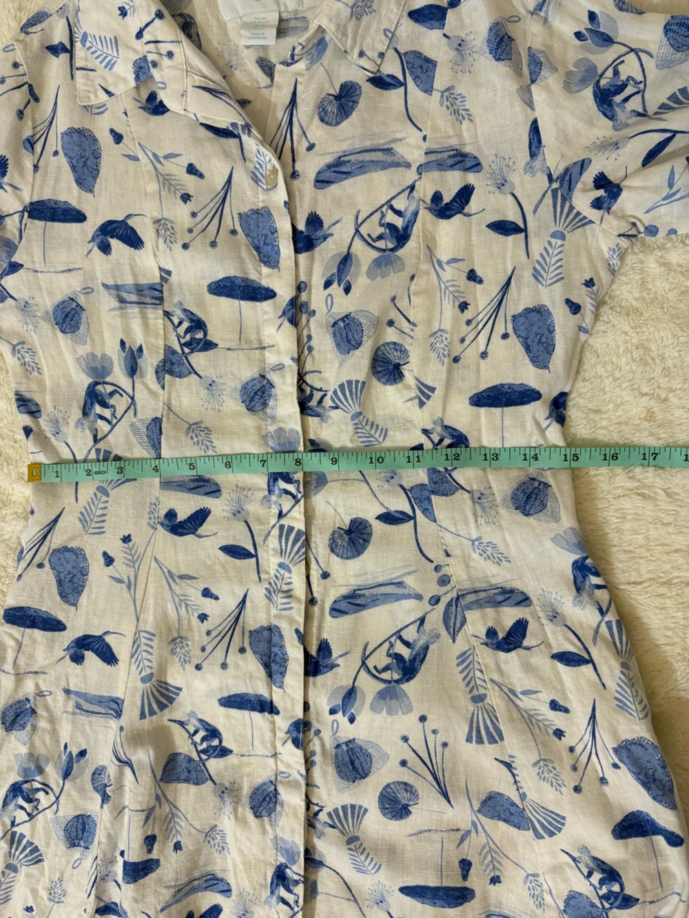 Cynthia Rowley Linen Blend White Button Down Maxi Dress with Blue Leaf Print XS - Picture 5 of 10